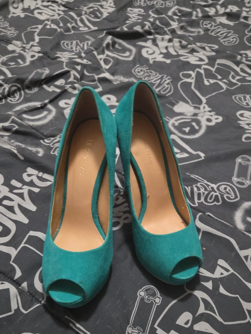 le chateau Teal Suede Peep-Toe Pumps